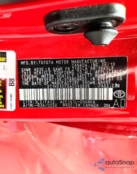 2010 Toyota Matrix S из США, поврежденный, VIN 2T1KE4EE6AC043609